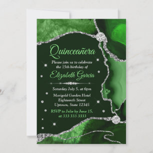 Convite Verde Escuro e Prata Brilho Agata Quinceanera