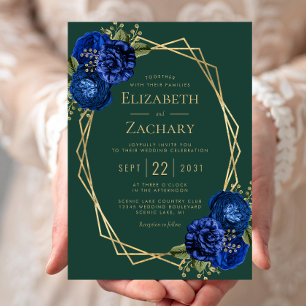 Convite Verde Esmeralda Azul Real Floral Dourado Casamento