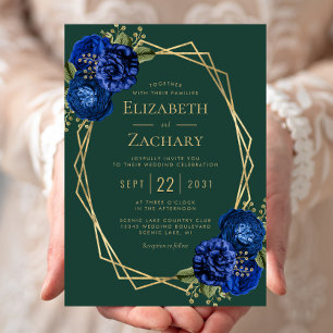 Convite Verde Esmeralda Azul Real Floral Dourado Casamento