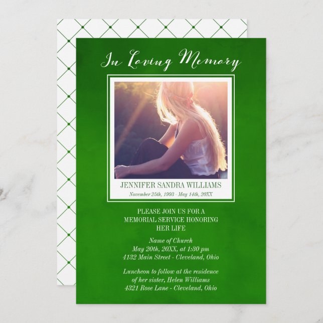 Convite Verde esmeralda em memorial Loving da foto da (Frente/Verso)