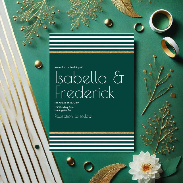 Convite Verde Esmeralda Moderno, Casamento Branco e Dourad (Modern Emerald Green, White and Gold Wedding Invitation)