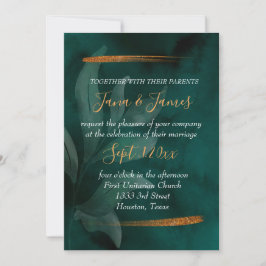 Convite verde-esmeralda moderno e folhas