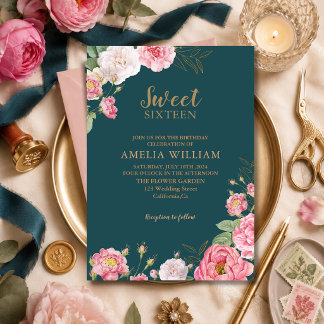Convite Verde Esmeralda Rosa Floral Doce 16 Aniversário