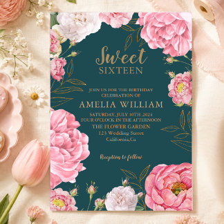 Convite Verde Esmeralda Rosa Floral Doce 16 Aniversário