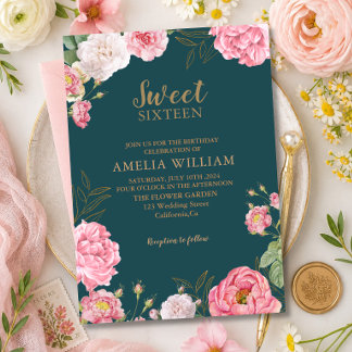 Convite Verde Esmeralda Rosa Floral Doce 16 Aniversário