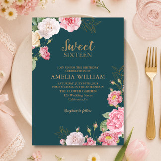 Convite Verde Esmeralda Rosa Floral Doce 16 Aniversário