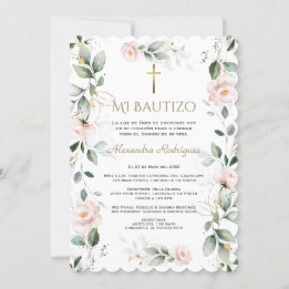 Convite Verde Espanhol Floral Rosa Mi Bautizo Baptism