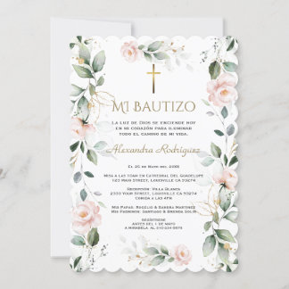 Convite Verde Espanhol Floral Rosa Mi Bautizo Baptism