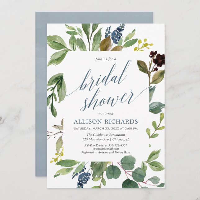 Convite Verde eucalipto folhas verdes poeirentas de azul (Frente/Verso)