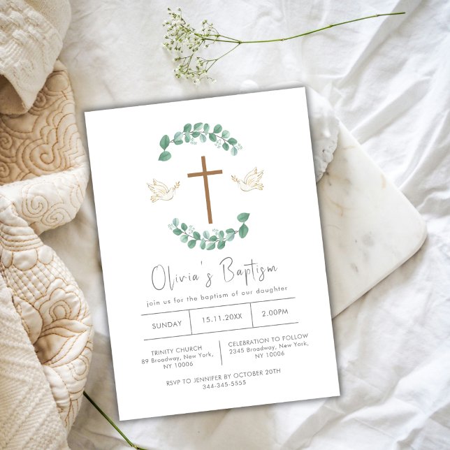 Convite Verde Eucalyptus Baptism Criador da Cruz de Aves (Greenery Eucalyptus Bird Cross Christening Baptism Invitation)