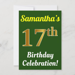Convite Verde, Faux Dourado 17.º aniversário Celebração + 
