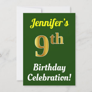 Convite Verde, Faux Dourado 9º aniversário Celebração + No