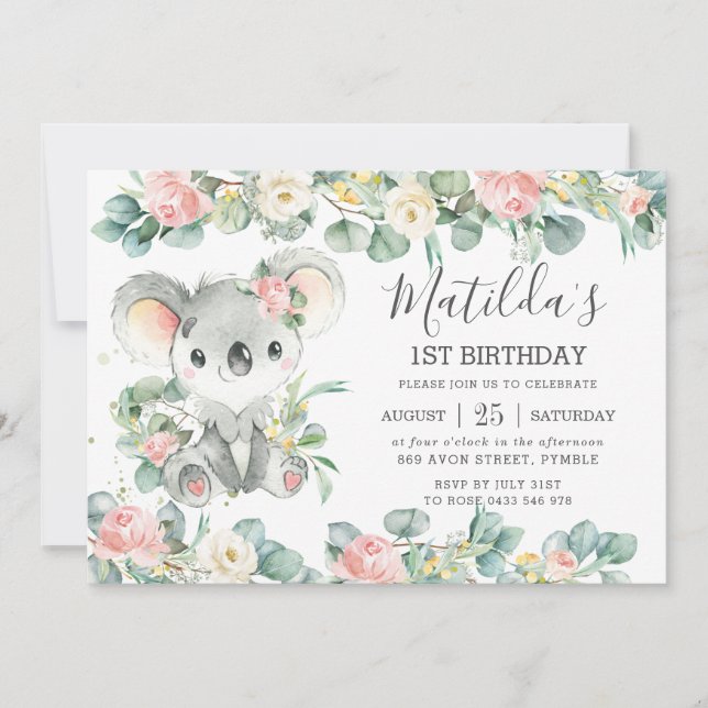 Convite Verde Floral Eucalyptus Cute Koala Aniversário (Frente)