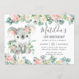 Convite Verde Floral Eucalyptus Cute Koala Aniversário