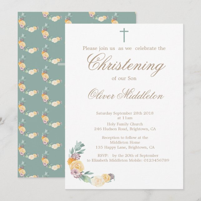 Convite Verde Floral para Christening ou Baptism (Frente/Verso)