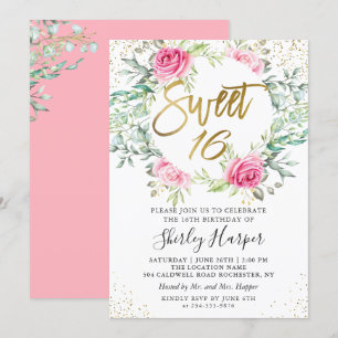 Convite Verde-Floral Rosa Dourado Escrita 16 Doce Anivers