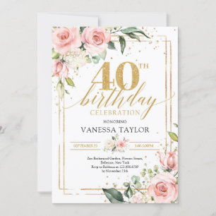 Convite Verde floral rosa pincelado boêmico e ouro 40 pol