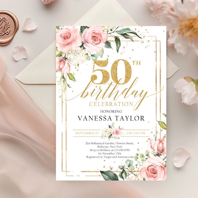 Convite Verde floral rosa pincelado boêmico e ouro 50º (boho blush pink flowers roses mixed green eucalyptus on gold frame 50th birthday invitation)