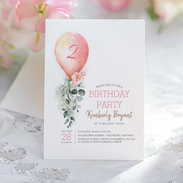 Convite Verde-Floral Rosa-Verde-Balão Meninas-Balão Aniver (Pink Balloon and Greenery Garland Birthday Invitation)