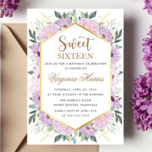 Convite Verde Floral Roxo Doce Dezesseis e Dezesseis e Dez