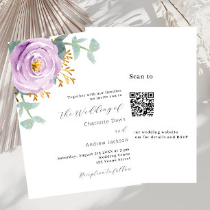 Convite Verde floral violeta com código QR RSVP casamento