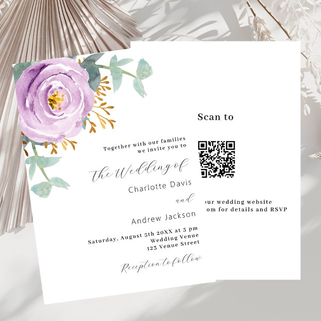 Convite Verde floral violeta com código QR RSVP casamento (Criador carregado)