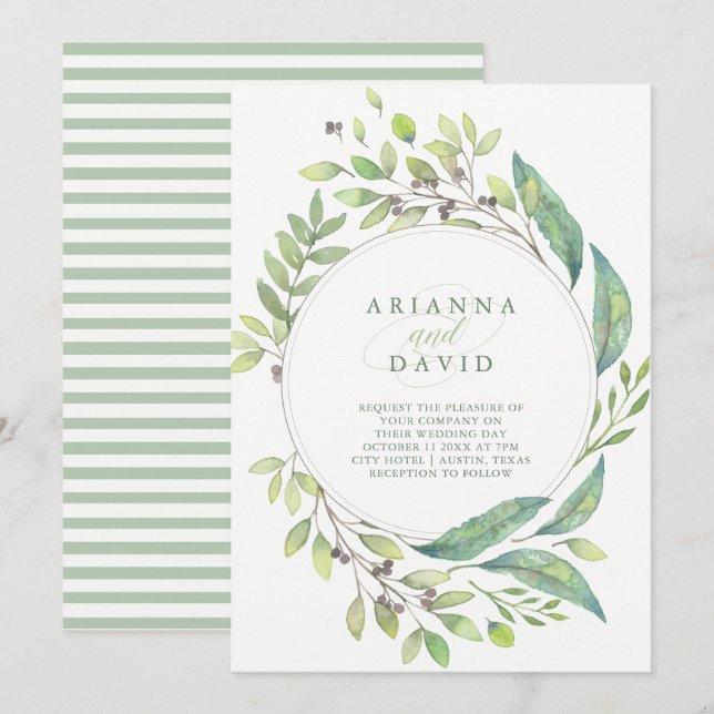 Convite Verde-folha| Casamento da Moldura de Cores D'Água (Frente/Verso)