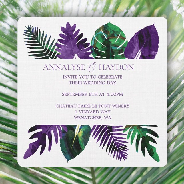 Convite Verde Folha Tropical, Casamento de Folhas Roxas Pl (tropical plum purple & green leaves wedding invitations, monstera leaves, ferns, palm leaves)