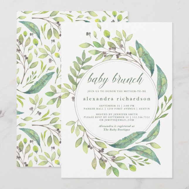 Convite Verde-folha| Watercolor Wreath Baby Brunch (Frente/Verso)