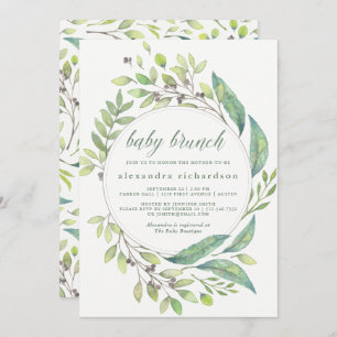 Convite Verde-folha  Watercolor Wreath Baby Brunch