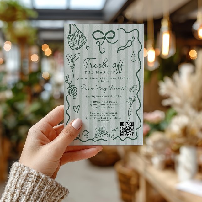 Convite Verde Fresco Direto do Mercado Desenhado à Mão QR  (Green Fresh Off the Market Hand Drawn QR Bridal Invitation)