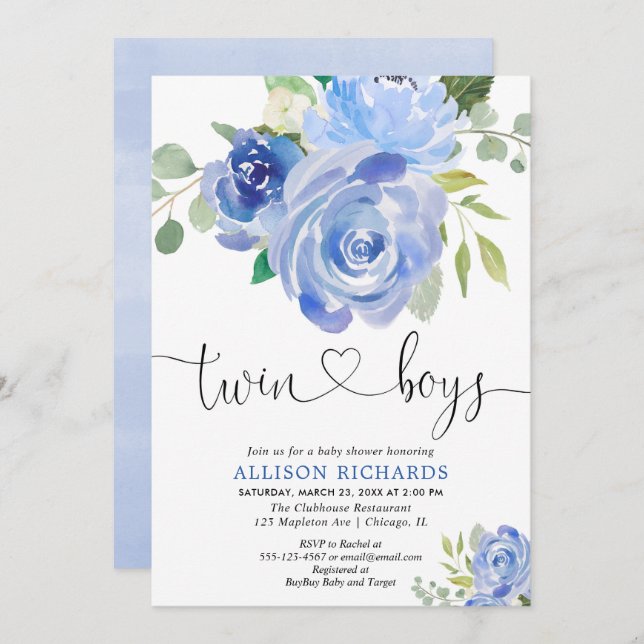 Convite Verde gêmeo do marinho do chá de fraldas dos (Frente/Verso)