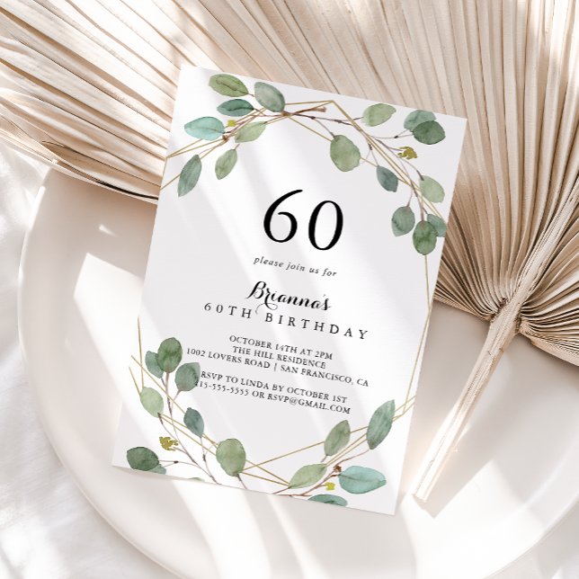 Convite Verde Geométrico Eucalyptus 60ª Festa de aniversár (Criador carregado)