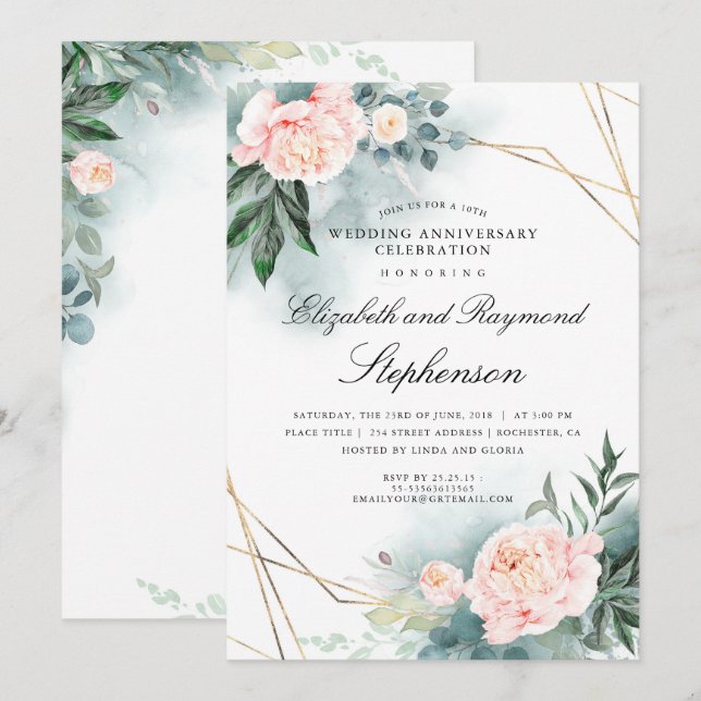 Convite Verde Geométrico Floral Bodas de Aniversário (Frente/Verso)