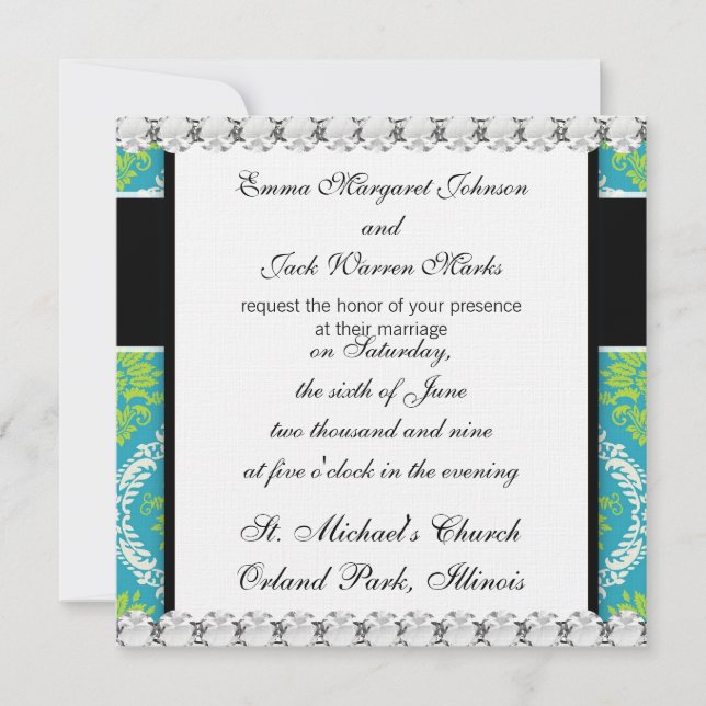 Convite verde limão azul adorável e ornamentado creme dama (Frente)