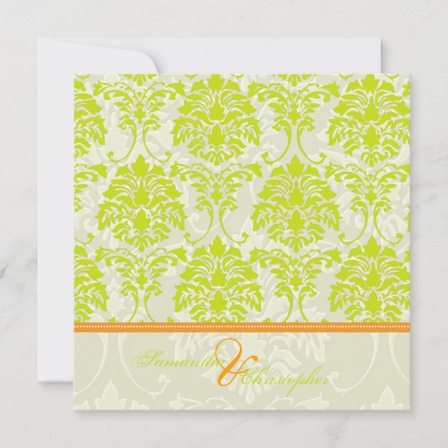 Convite Verde limão Damask on Ivory Damask/laranja accent (Frente)