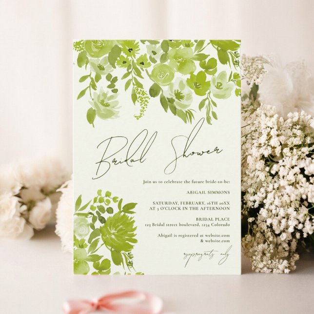 Convite Verde limão de boho pintado manualmente chá de pan (Boho lime green hand painted floral bridal shower invitation)