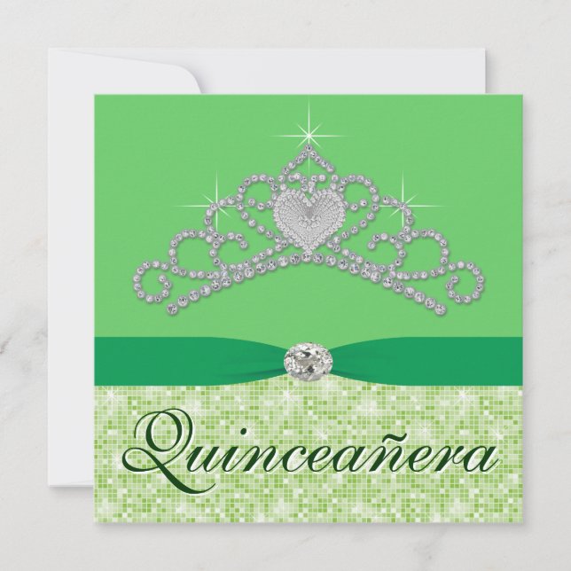 Convite Verde limão Diamond Tiara Green Quincenera (Frente)