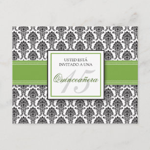 Convite Verde limão ESPANHOL Damask Quinceañera Invitaci