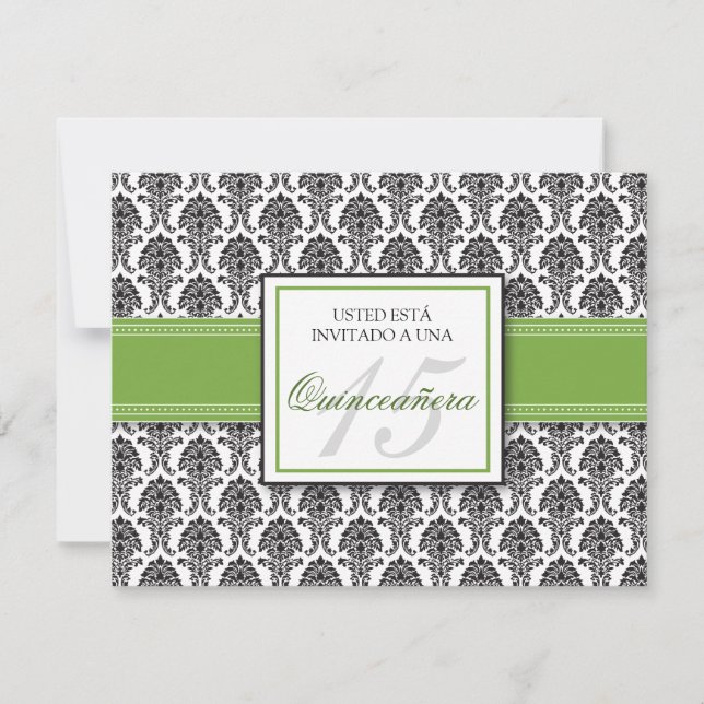 Convite Verde limão ESPANHOL Damask Quinceañera Invitación (Frente)