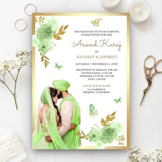Convite Verde limão Floral Punjabi Anand Karaj Sikh Casame (Criador carregado)
