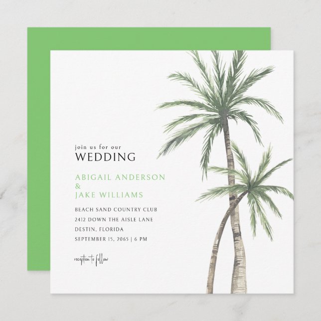 Convite Verde limão Palm Tree Wedding (Frente/Verso)