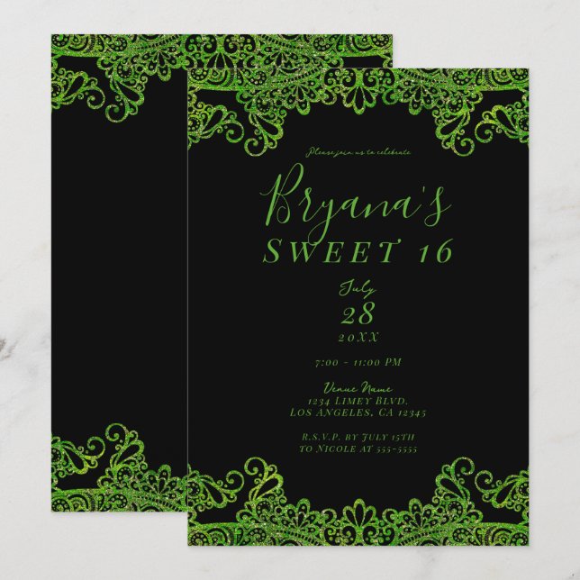 Convite Verde limão Sparkle Glitter Black Sweet 16 Party (Frente/Verso)