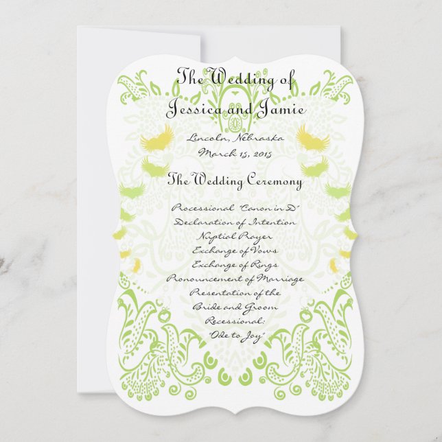 Convite Verde limão Whimisical Bird Wedding Menu (Frente)