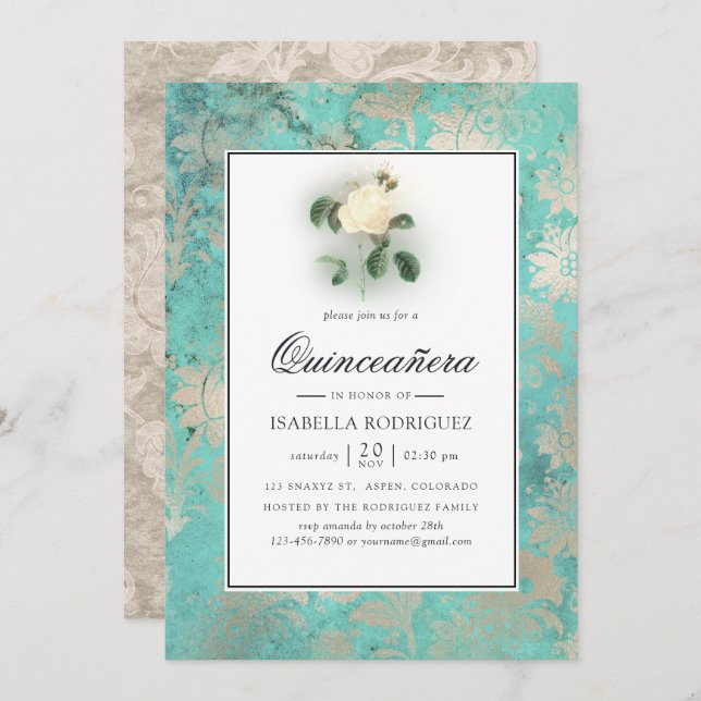 Convite Verde Menta e Pérola Floral Damasco Quinceañera (Frente/Verso)