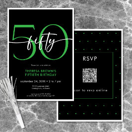 Convite Verde Mínimo Moderno 50 Script Aniversário QR
