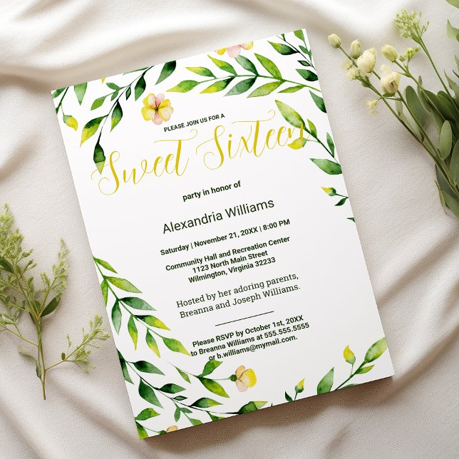 Convite Verde moderno amarelo ao ar livre floral 16 (Modern green yellow outdoors floral Sweet Sixteen )