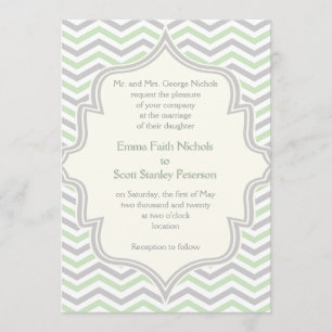 Convite Verde moderno, casamento com Chevron Zigzag cinza