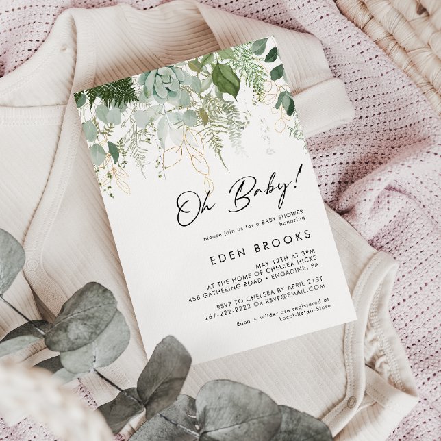 Convite Verde moderno e Dourado Oh Baby! Chá de fraldas (Criador carregado)