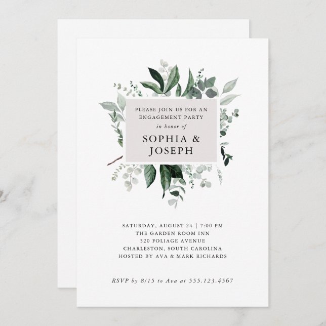 Convite Verde Moderno Simples| Festa de noivado (Frente/Verso)